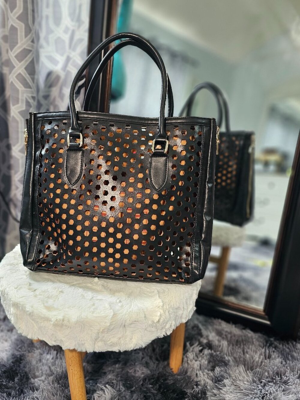 Courage b Laser‑Cut Faux Leather Tote – Black & Gold Insert
